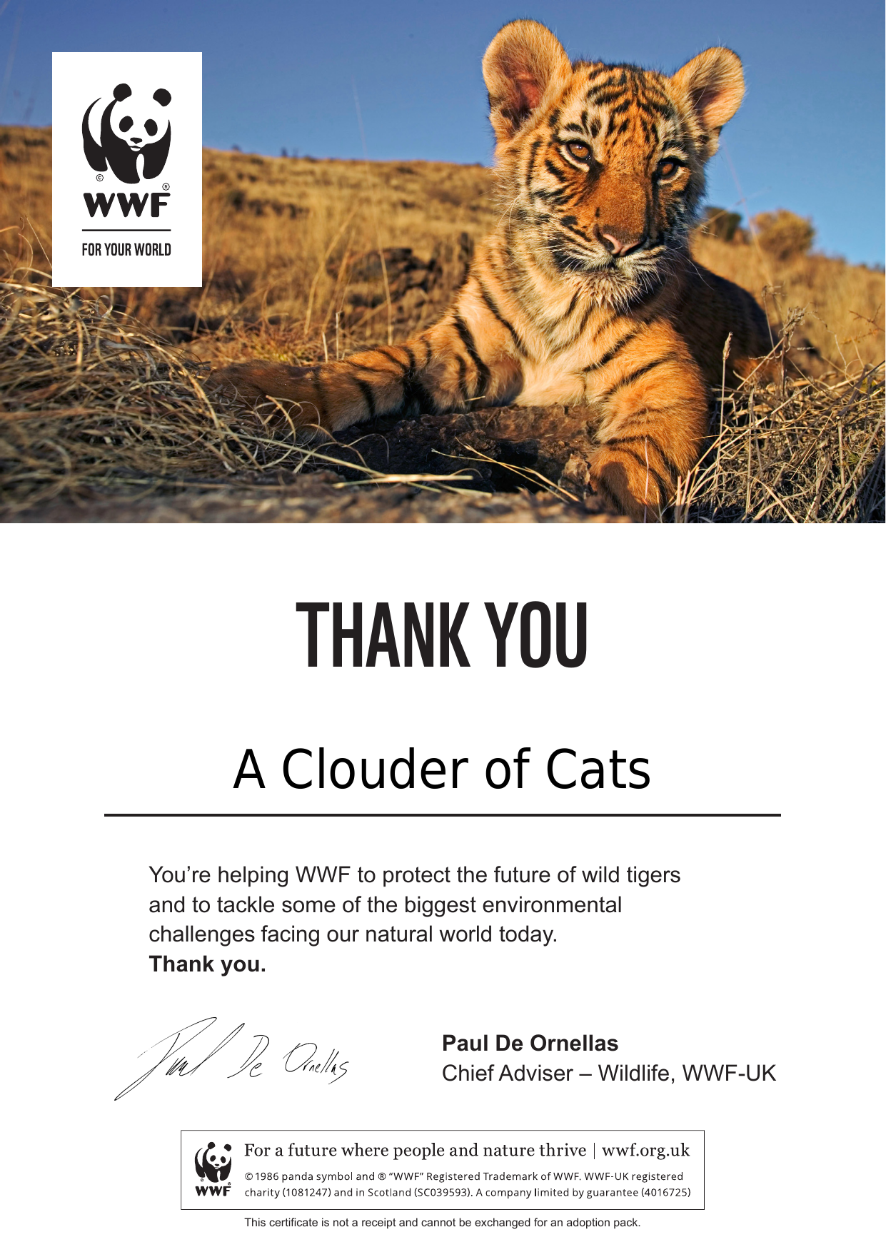 WWF tiger adoption certificate for A Clouder of Cats